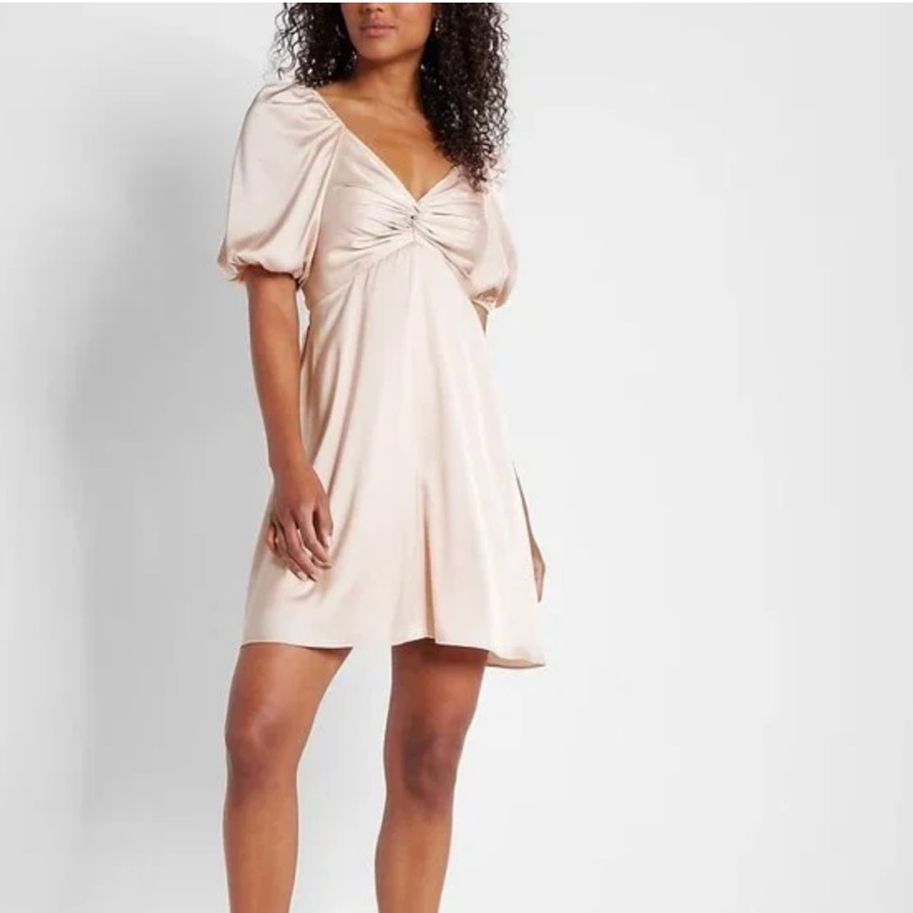 Express Puff Sleeve Twist Front Satin Dress